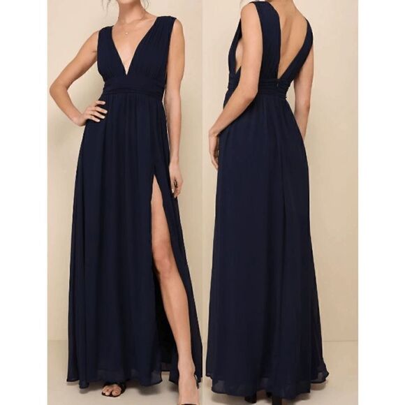 Lulu's Navy Blue V-neck and Back Banded Waist Maxi Formal Dress M - Picture 1 of 9